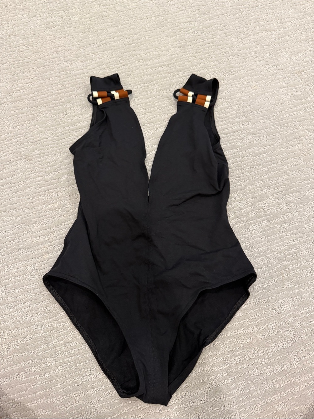 Black One-Piece Swimsuit with Decorative Buckle Straps